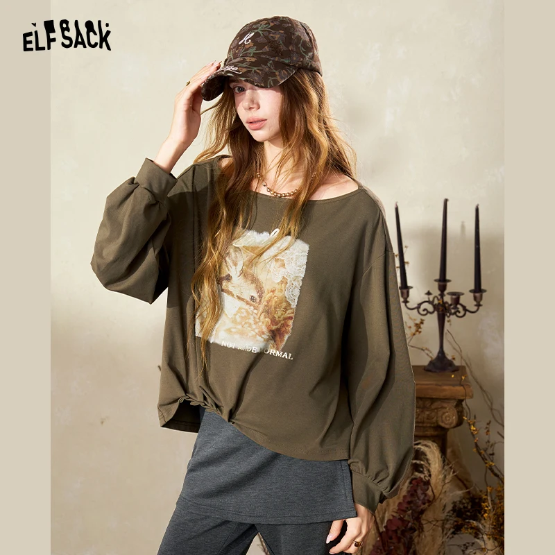 ELFSACK Women Y2K Long‑Sleeve Sweatshirt with Deer Graphic Print Off‑Shoulder Loose Top for Casual Fall Daily Wear
