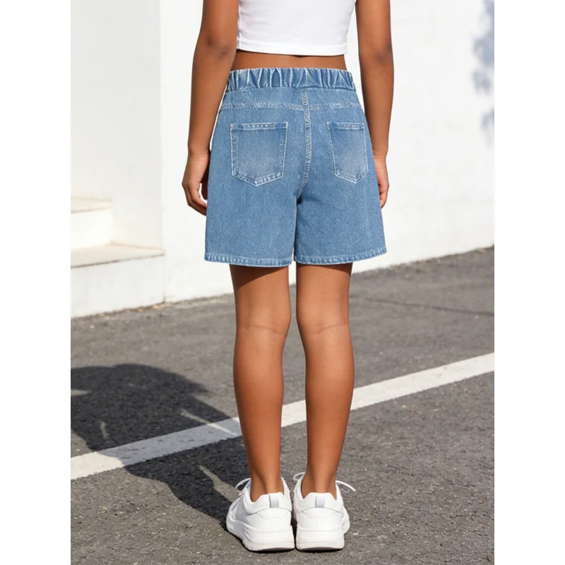 2026Children's Light Blue Simulated Denim Shorts Sweet and Cute Casual Shorts