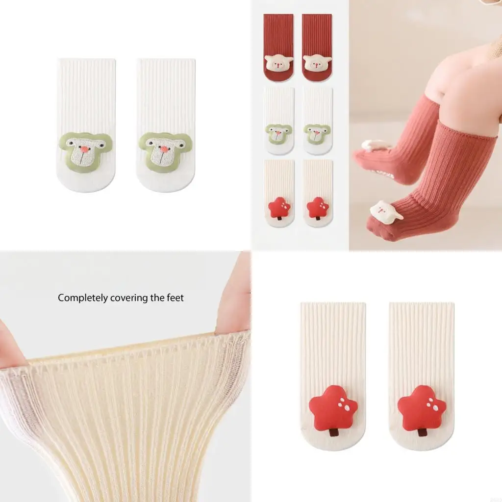 R66D 1 pair 2025 Newborns Socks Spring Fall Anti Slip Middle Tube Under Knee Socks Cartoon for Baby Learn to Walking