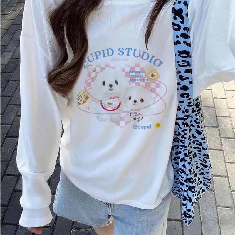 Korean Sweet Cartoon Dog Printed Long Sleeves Women T-shirt Autumn Loose Casual Street  Tops Kawaii Oversize T-shirt for Women