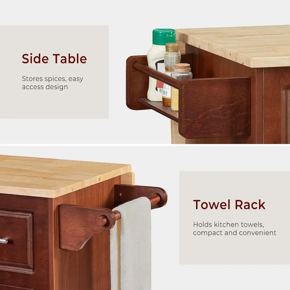 54" Rolling Kitchen Island Cart with Storage, Large Kitchen Cart ,with 3 Drawers and Spice Rack & Towel Rack, Rustic Brown