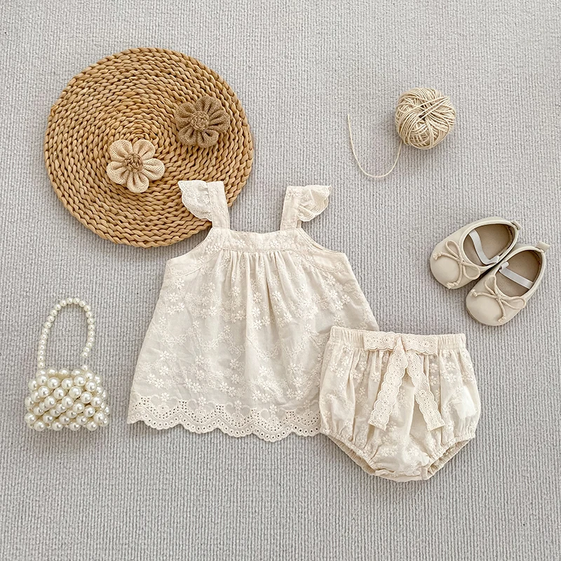 2026 Summer Strap Set Children's 0-24M Embroidered Grid Strap Top+Shorts Two Piece Cute Baby Girls Clothes Set Baby Clothes