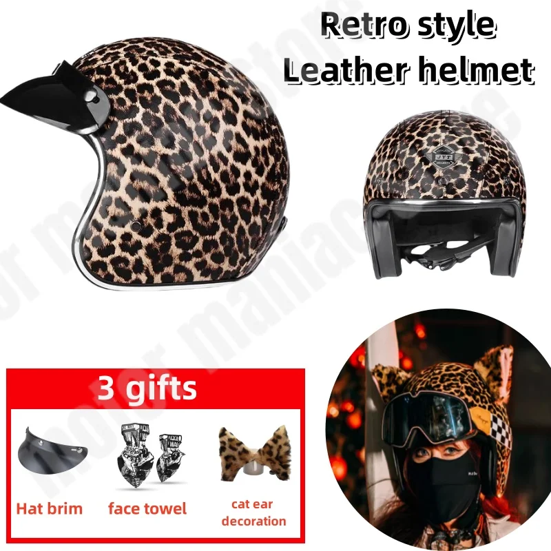 

Retro Motorcycle Helmet with Fashionable Leopard Print Pattern High-quality Handmade Leather Helmet with Sun Protection Brim