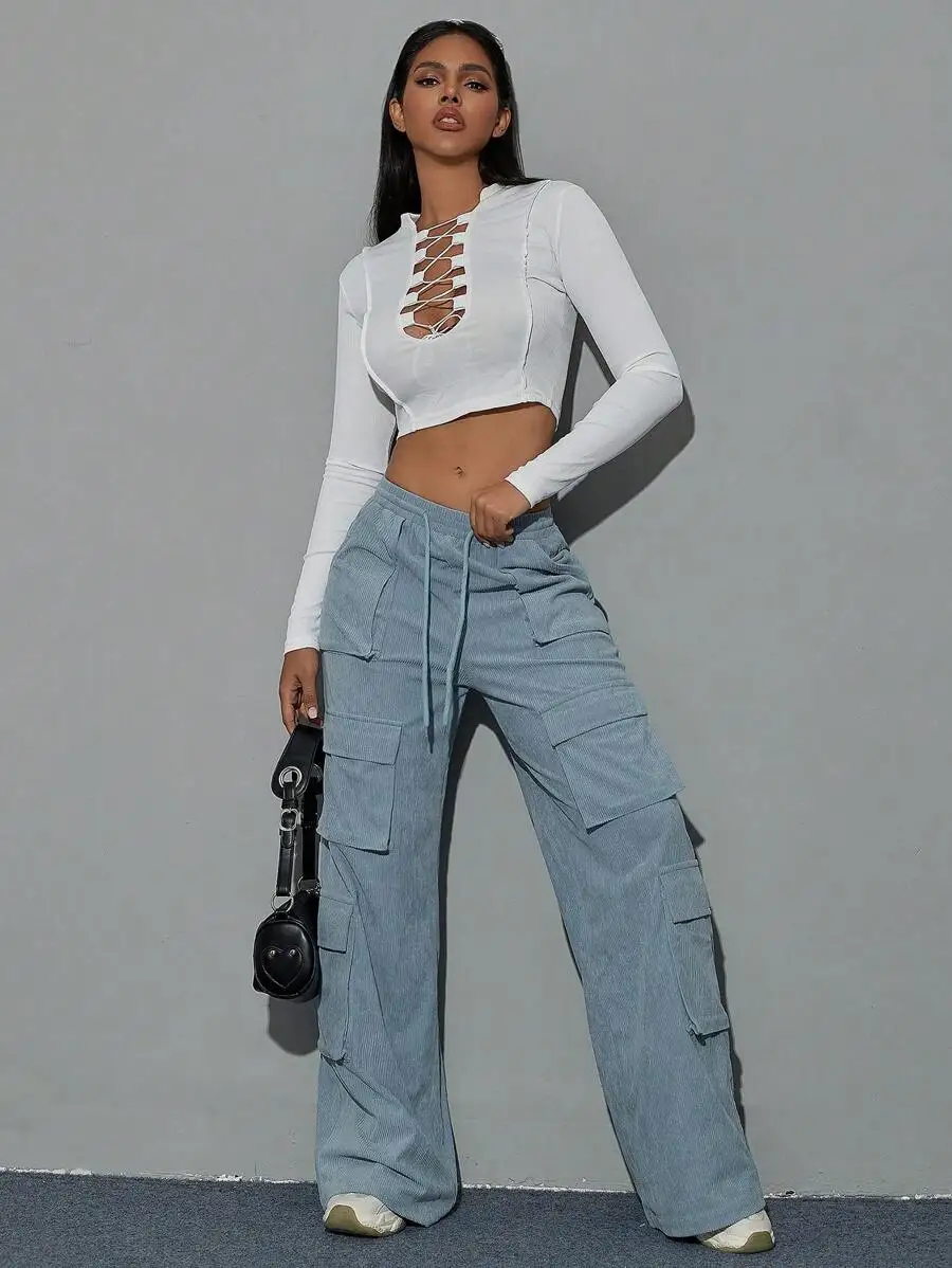 

Y2K Flap Pocket Drawstring Waist Wide Leg Corduroy Cargo Pants Casual