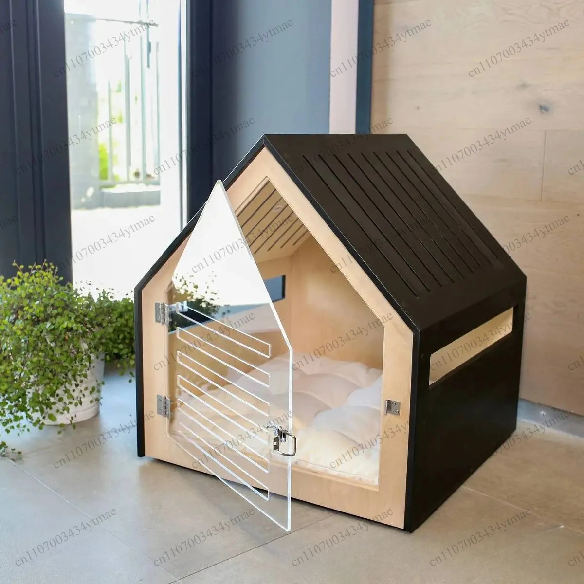 Modern Simple Wooden Pet House With Glass Door Creative Cat Nest Indoor Small Dog Cottage Household Pet Shelter Furniture