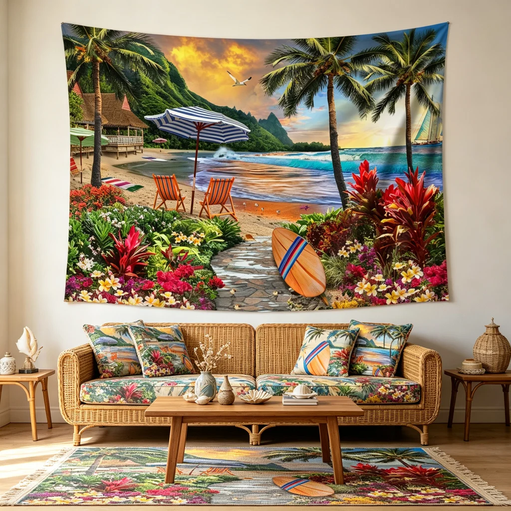 1PC Tropical Beach Surf View Art Print Backdrop Banner, Bedroom Living Room Photo Background, Polyester, Home Decor, Wall Art