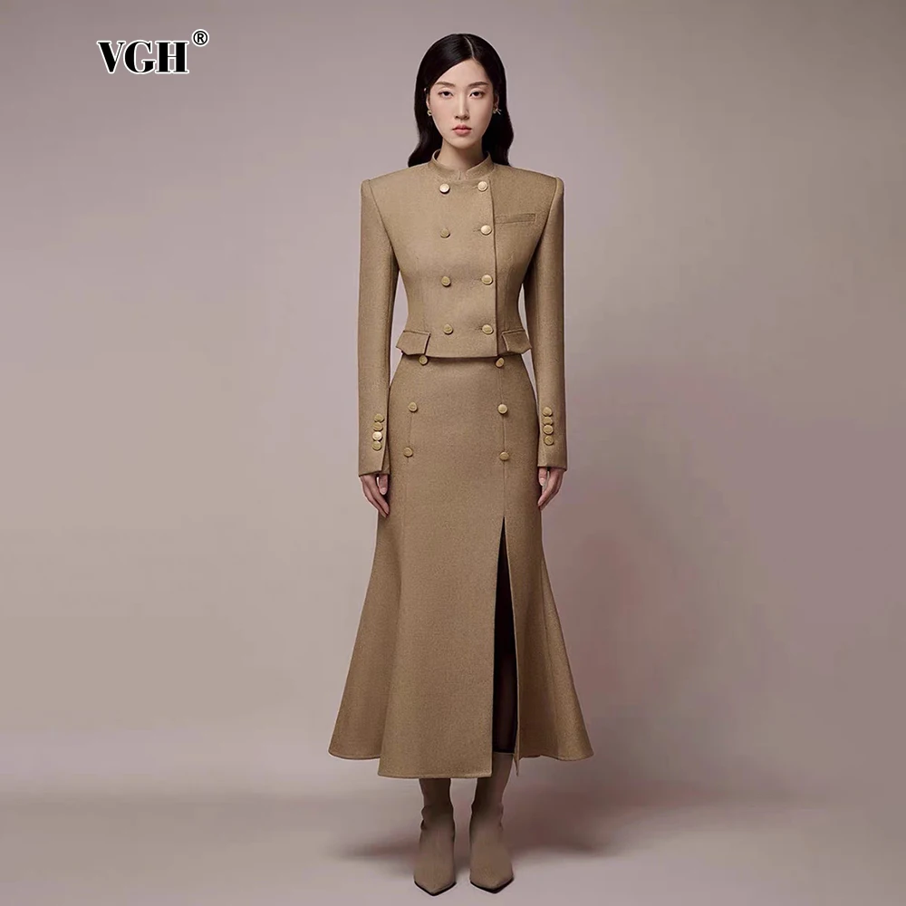 

VGH Solid Two Piece Set For Women Stand Collar Long Sleeve Tunic Coat High Waist Split Skirt Elegant Slimming Sets Female New