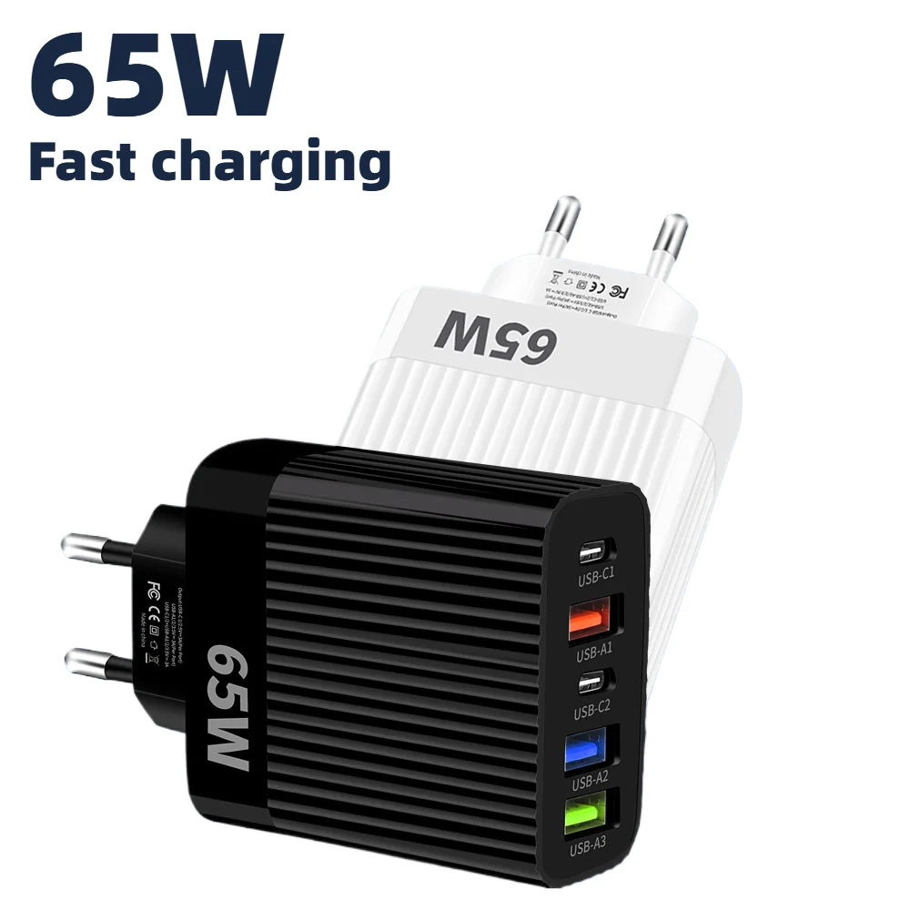 65W 5-Port USB C Fast Charger PD QC3.0 Wall Charger Adapter Multi-Device Fast Charging Block for iPhone 15 Pro Samsung Xiaomi