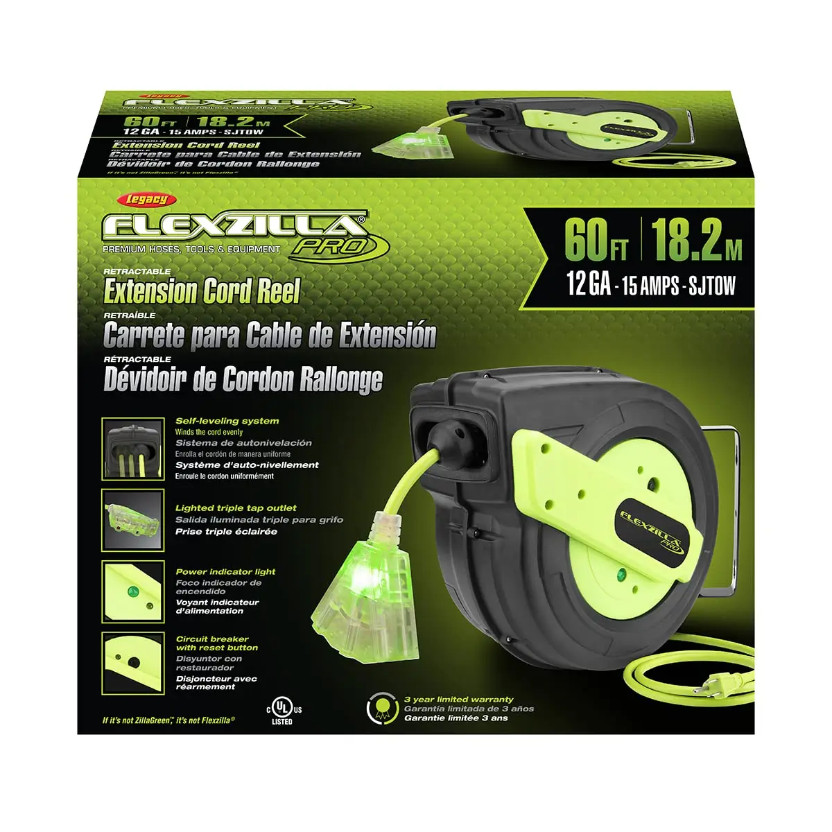 Retractable Extension Cord Reel, 12/3 AWG SJTOW Cord, 60', Grounded Triple Tap Outlet, ZillaGreen, FZ8120603