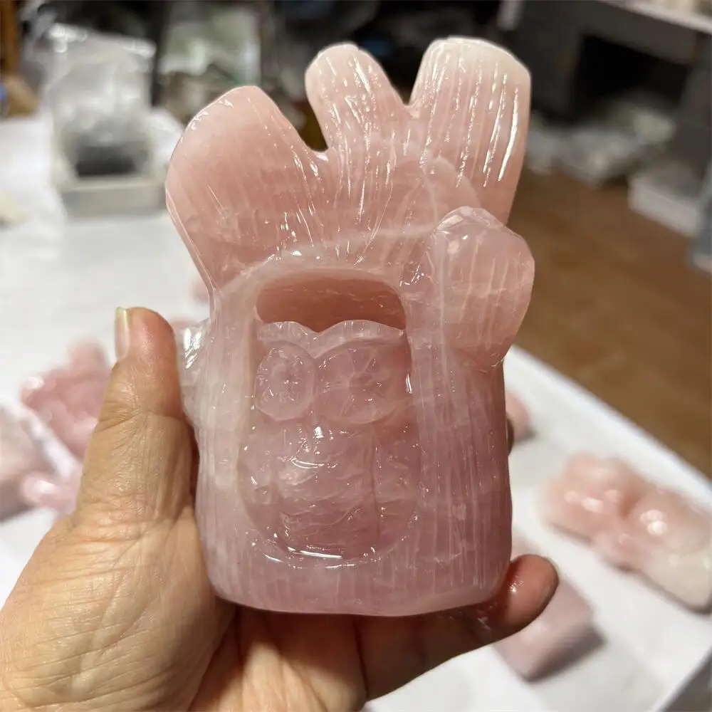 Natural Rose Quartz Tree Stump Cat Carving Polished Healing Crystal Animal Figurine for Home Decor Craft