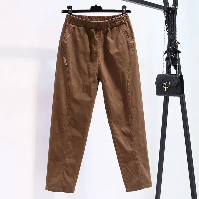 New Temperament Summer Casual Women's Fashion Versatile Solid Color Pockets Elastic High Waist Loose Straight Harun Crop Pants