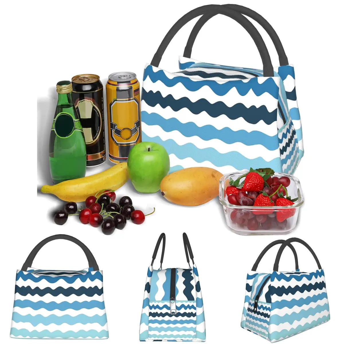 Abstract Blue Wave Pattern Calm Ocean Inspired Design Lightweight Handheld Insulated Lunch Bag Aluminum Foil Liner Travel Picnic