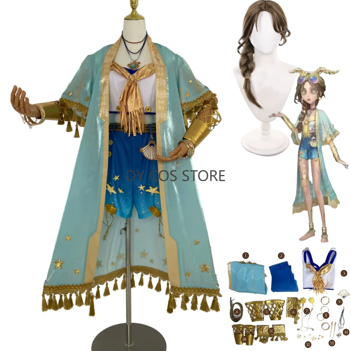 

Game Identity ⅤFiona Gilman Priestess Cosplay Costume Honorary Chief Wig Blue Coat Shawl Shorts Uniform Woman Sexy Carnival Suit