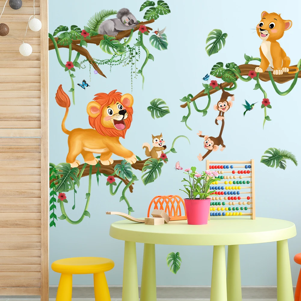 Lion Wall Stickers For Tree Games Children's Bedroom Wallpaper Baby Room Decoration Jungle Animal   Murals