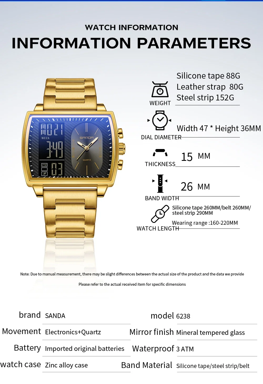 SANDA 2025 ساعة رجالية جديدة متعددة الوظائف عرض مزدوج مقاوم للماء LED شريط إضاءة ساعة إلكترونية للرجال 6238