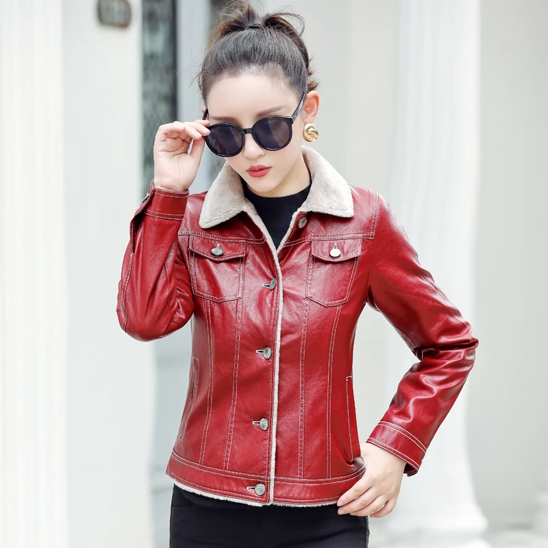 

Pop Women Genuine Leather Jacket Autumn Winter Casual Fashion Double-Faced Lambswool Liner Slim Short Thick Warm Sheepskin Coat