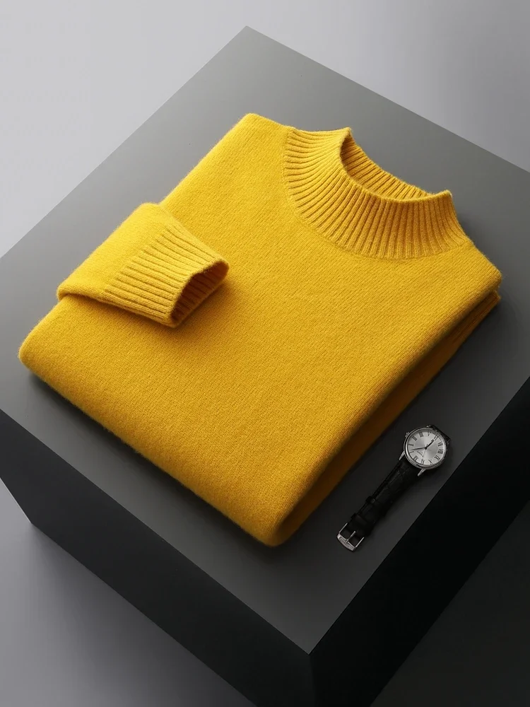 Autumn Winter Men Cashmere Sweater Mock Neck Pullover Thick Basic Soft Warm Clothing 100% Merino Wool Knitwear Long Sleeve Tops