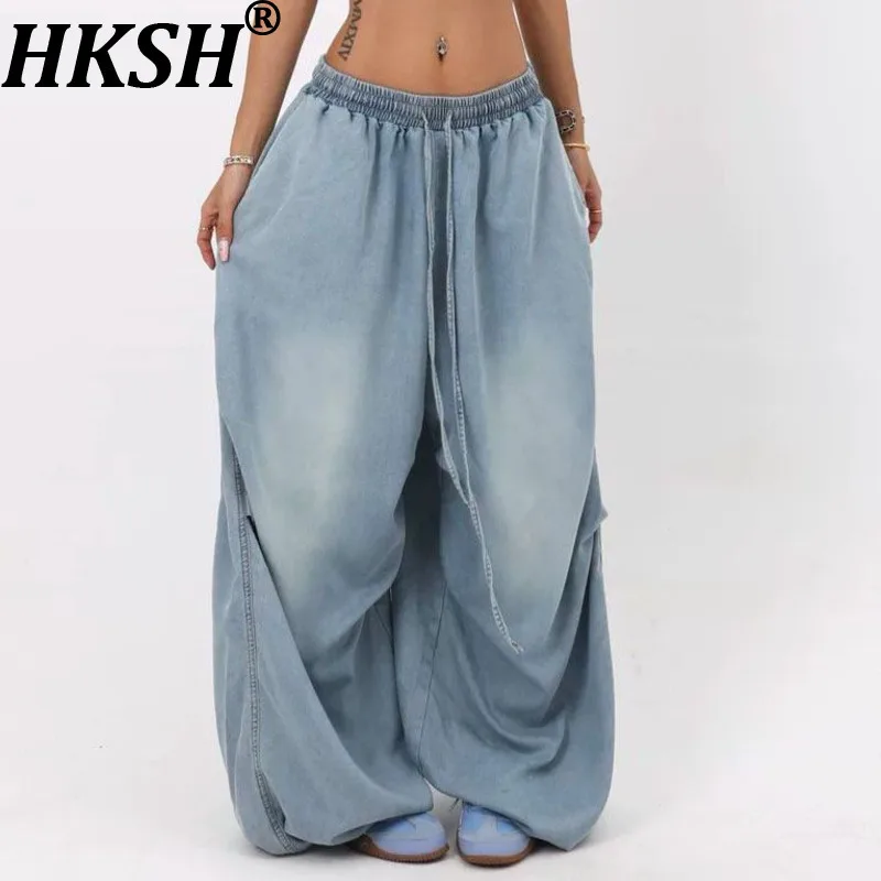 Hksh primavera outono novas mulheres jeans baggy cordão cintura elástica angustiado lavado denim versátil retro chique calças hk14499