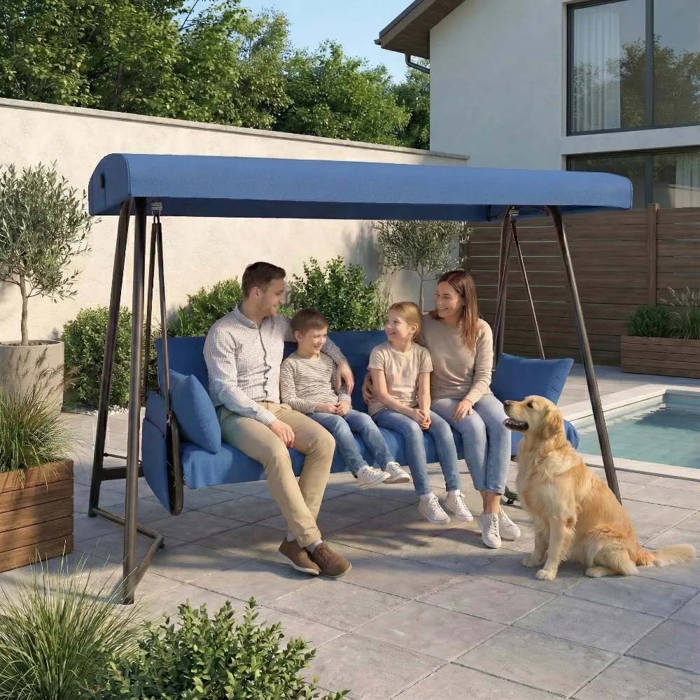 3-4 Seat Oversized Outdoor Porch Swing with Adjustable Backrest Canopy,2-in 1 Swing Bed 800 lbs Capacity,Patio Swing