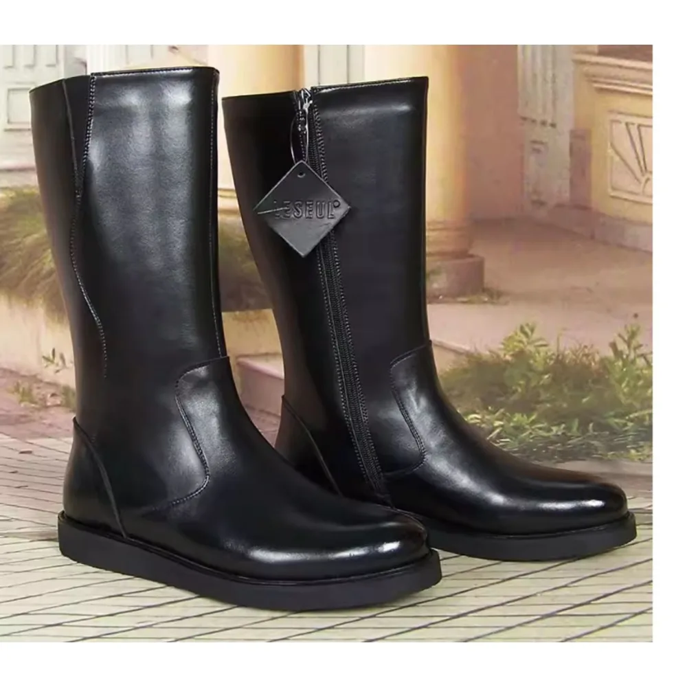 Nouvelles bottes d'équitation mi-mollet en cuir véritable pour homme, style cowboy western, à enfiler, avec fermeture éclair