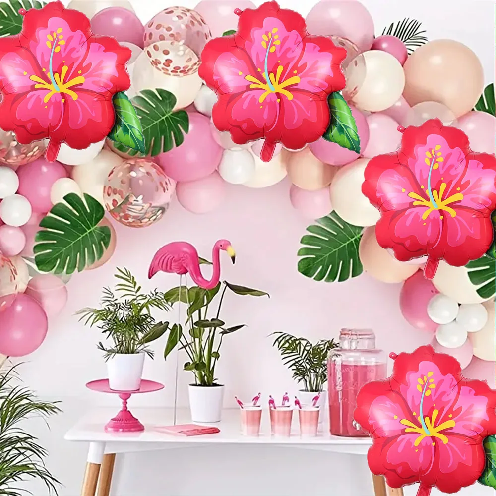 1/2 Stück Sommer-Hibiskus-Blumenballons, roter Hibiskus-Blumen-Folienballon, hawaiianische Geburtstags- und Hochzeitsparty-Dekoration, Baby-Shower-Zubehör – Detail 3
