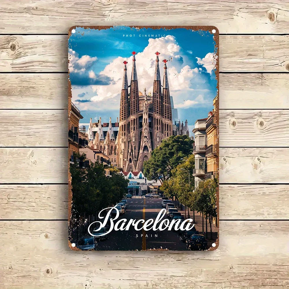 Vintage Barcelona Sagrada Familia Aluminum Wall Art SignRetro Style Poster Ideal for Home, Office, Bar, Cafe & More Decor