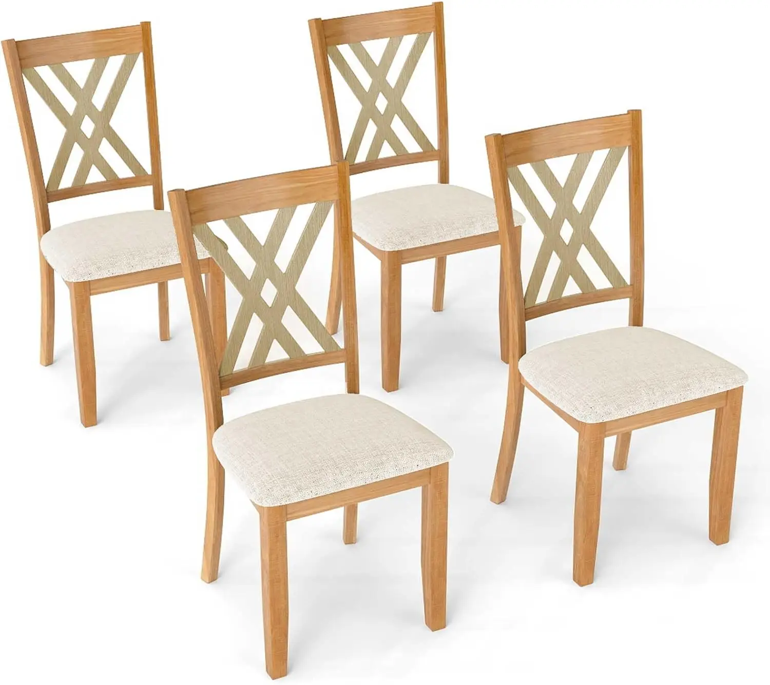 

Набор из 4 деревянных обеденных стульев, обитых льняной тканью, с каркасом из каучукового дерева, изогнутая спинка-крест