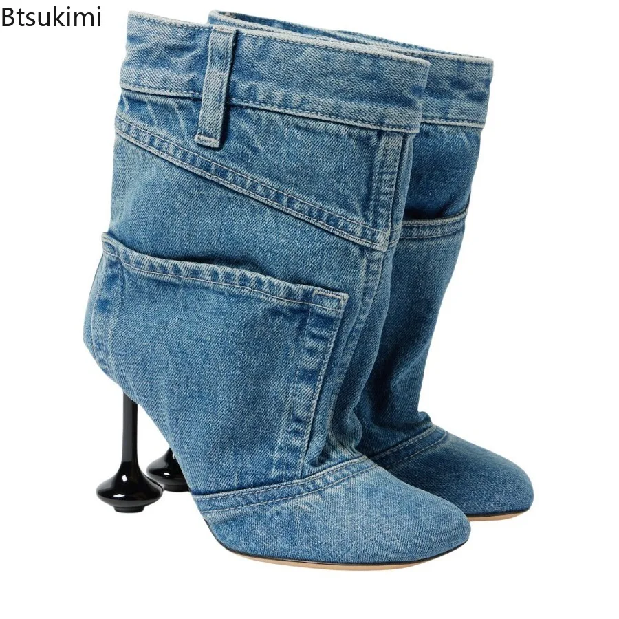 New 2026 Spring Fashion Women's Cowboy Ankle Boots Denim Square Toe Stiletto Heel Short Boots for Women High Heel Boots 35-46