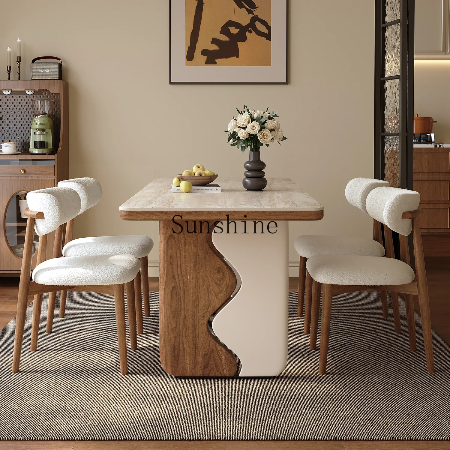 Medieval travertine rock slab dining table retro rectangular household small apartment table and chairs