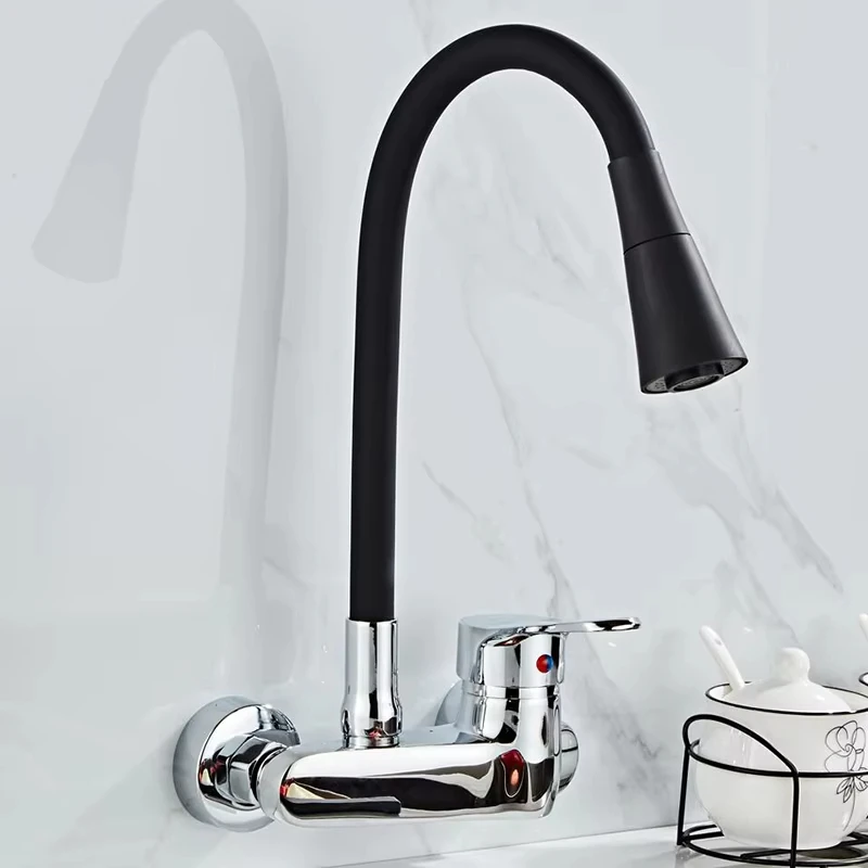 Wall Mounted Kitchen Faucet Kitchen Mixer Kitchen Sink Faucet 360 Degree Free Rotation Flexible Hose Double Hole