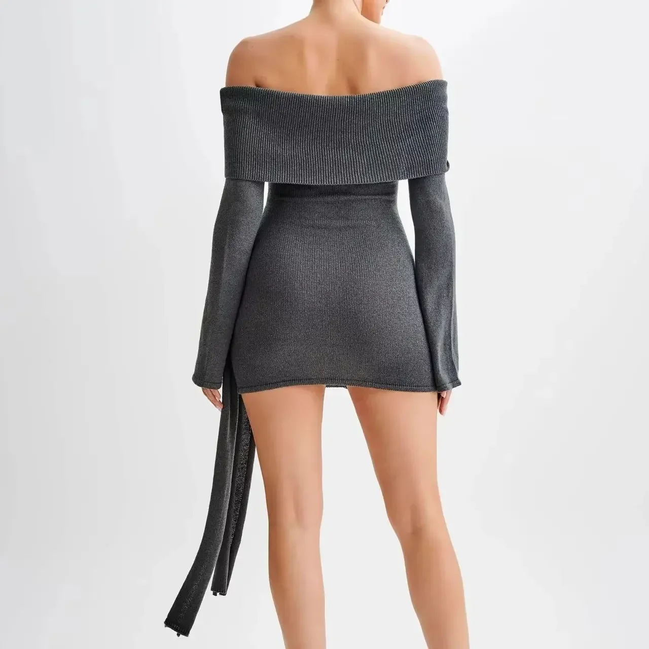 Sexy Women Off Shoulder Knit Mini Dress Autumn Long Sleeve Ruched Ribbon Bodycon Sweater Dresses Elegant Knitted Party Dresses