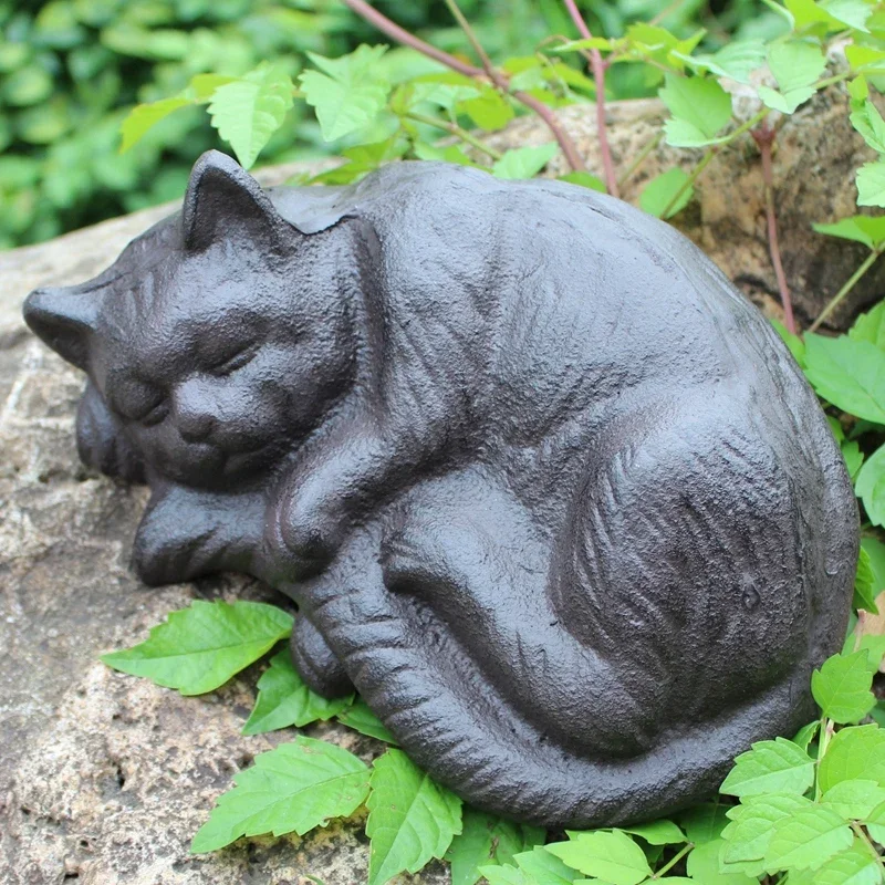 Antique Black Cast Iron Sleeping Cat Statue European Home Garden Decor Heavy Metal Cat Figurines Farm House Rustic Cat Sculpture
