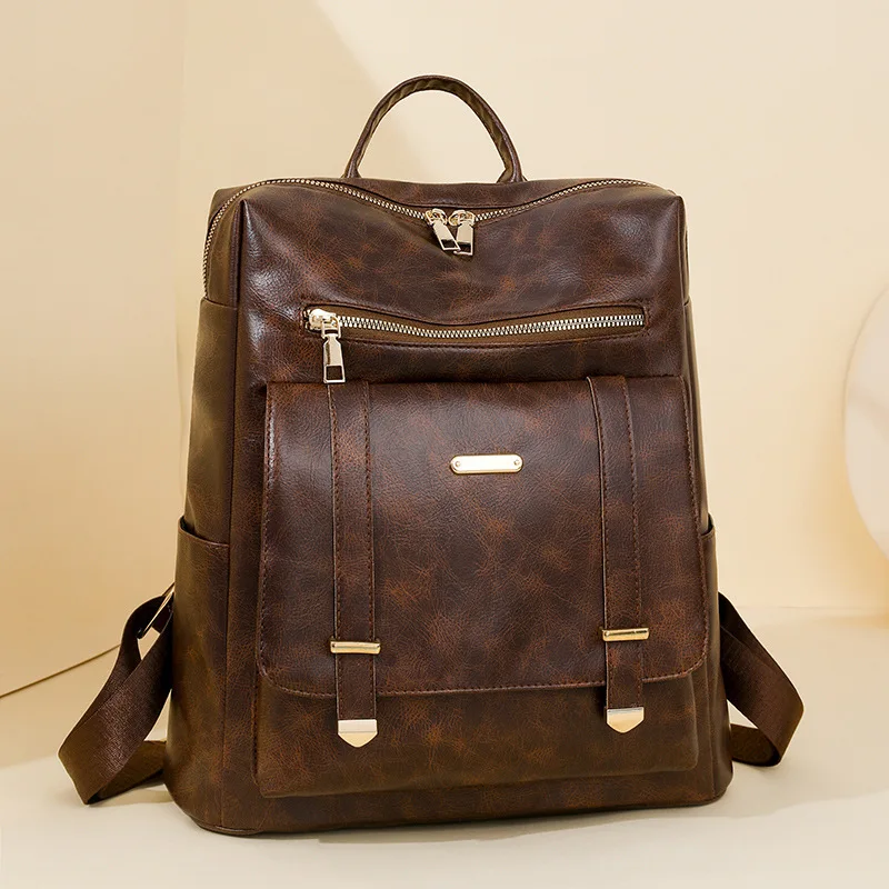 Europe and United States shoulder bag women's new fashion solid color backpack leisure pu soft leather splash-proof travel bag
