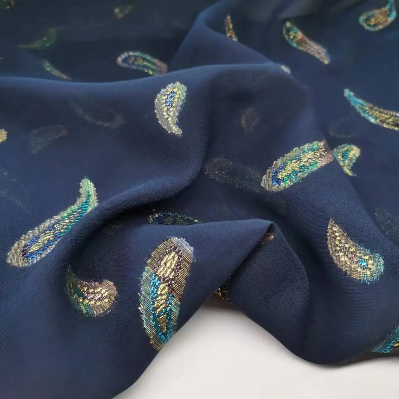 Navy Saree Fabric Shimmer Silk Metallic Shiny Hijab Scarf Craft DIY Sewing Material