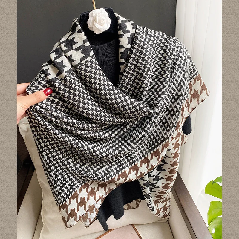 Ladies Fashion Design Large Size Cotton Feeling 130cm Square Houndstooth Printed Hijab Women Winter Warm Pashmina Shawl Scarf