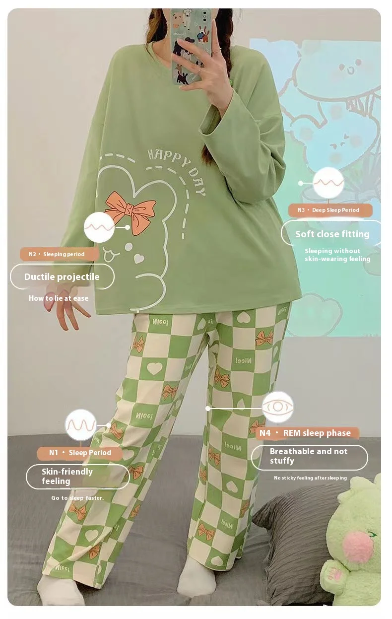 Damen-Pyjama im neuen Frühlings- und Herbststil, künstlerischer Langarm-Pullover in Übergröße, Cartoon-, Herbst- und Winter-dünne Homewear – Detail 3