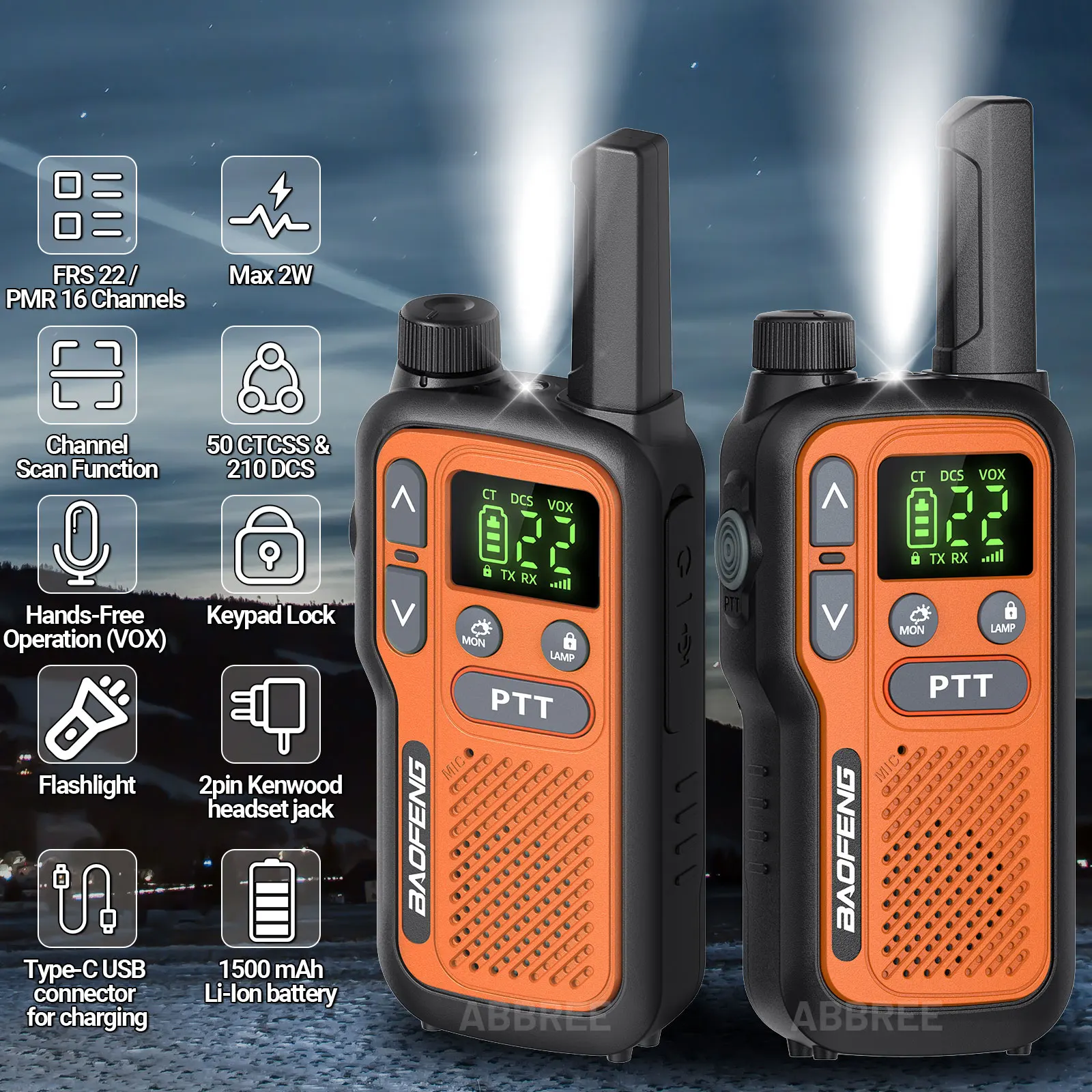 2PCS Baofeng BF-T18 Mini Dual PTT Walkie Talkie PMR 446 Flashlight  Portable  FRS  NOAA Support Type-C ChargerFor Hunting image 2