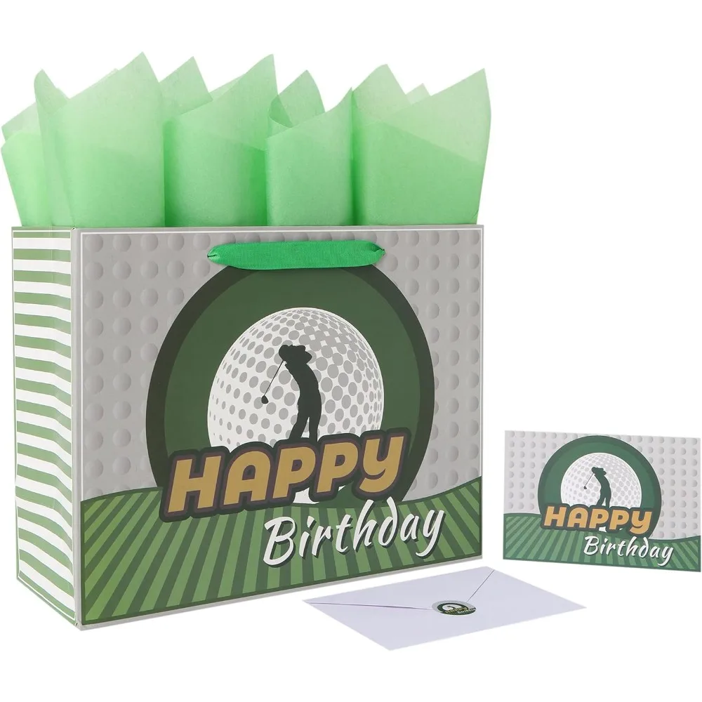 

13” Large Golf Birthday Gift Bag Set with Handles, Greeting Card, Blue Tissue Papers for Men Boys Golfers for Golf Party Favors,