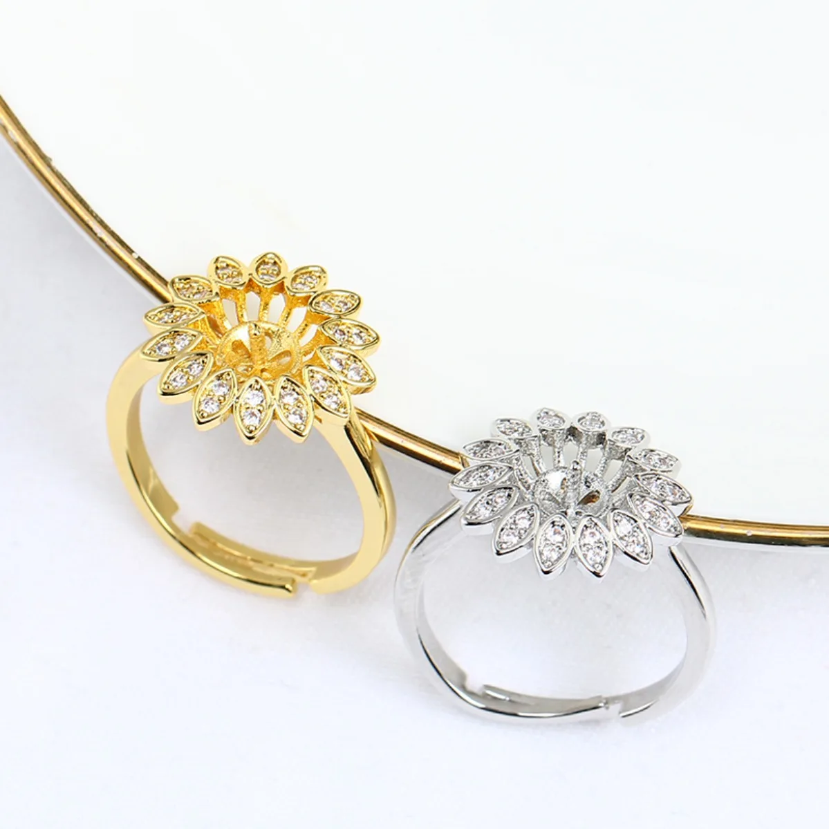 Women Brass 14K Gold Filled Gorgeous Palace‑Style Sunflower Adjustable Ring Blank Setting Handmade Findings For DIY Pearl Ring