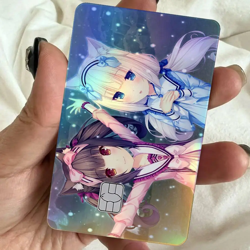 Anime Nekopara 4Pcs Holographic Laser Card Stickers - Rainbow Shimmer Waterproof Skin For Credit & Bank Cards