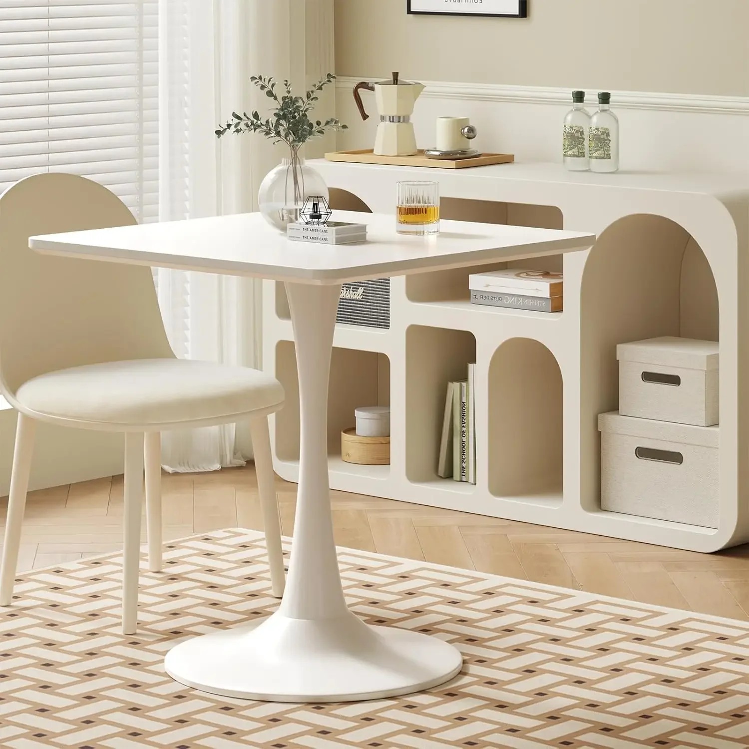 White Square Tulip Table for 2, 24 Inch Small Dining Table with Metal Pedestal Base for Kitchen, Mid-Century Modern Table