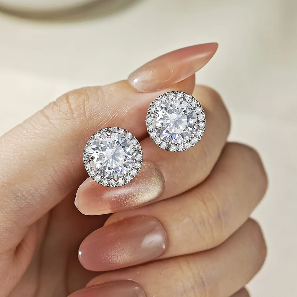 925 Sterling Silver Round Halo Moissanite Stud Earrings, 0.5ct /1ct /2ct Multiple Sizes, Women Halo Solitaire Earrings, GRA Cert
