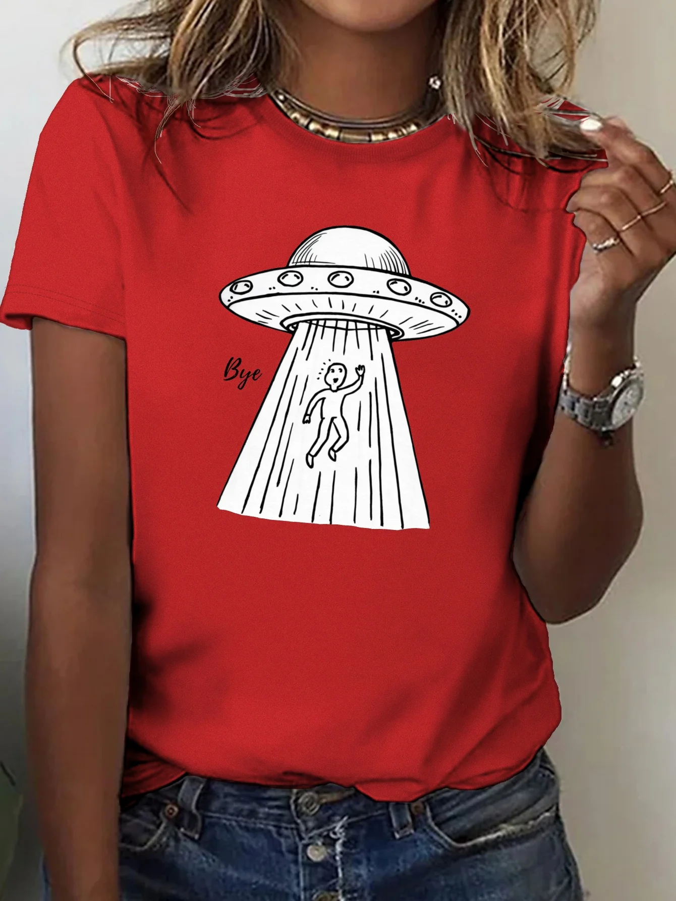 UFO with Human Funny Creative Printed Women T-shirt Comfort Fit Short Sleeves Comfortable Soft Summer Fashion Clothing