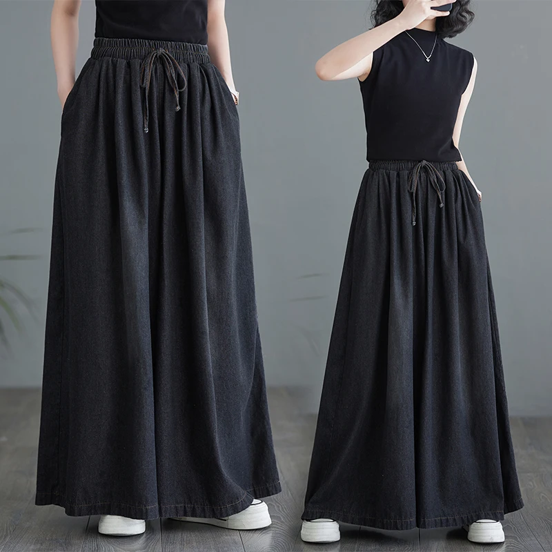 

Джинсовые широкие брюки, юбка, женские летние большие размеры, свободный эластичный пояс, повседневные брюки длиной до пола