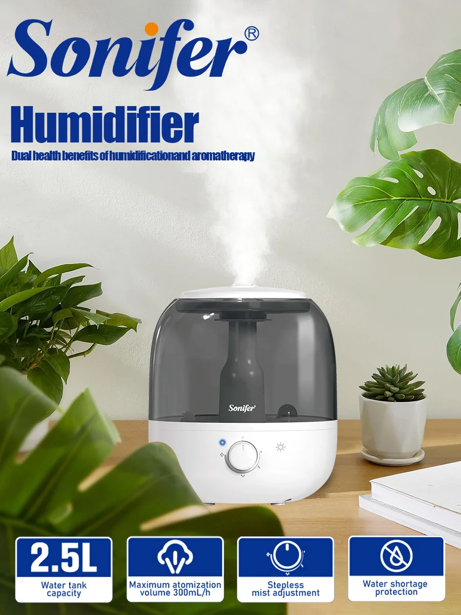 

Sonifer Ultrasonic Cool Mist Humidifier SF-6530, 2.5L Aroma Diffuser, Quiet for Bedroom, 360° Nozzle, Night Light, Auto-Off