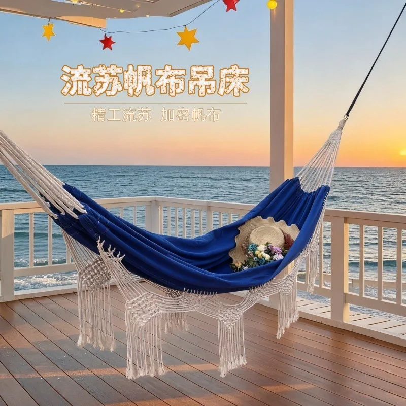 200X130cm Tassel Thickened Canvas Hammock Widened Style Outdoor Camping Balcony Home Courtyard Leisure Swing Bed Daily Indoor