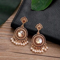 Ethnic Women's Round Crystal Earrings 2025 Indian Jewelry Accessories Vintage Gold Color Tassel Earrings Wedding Party Gift