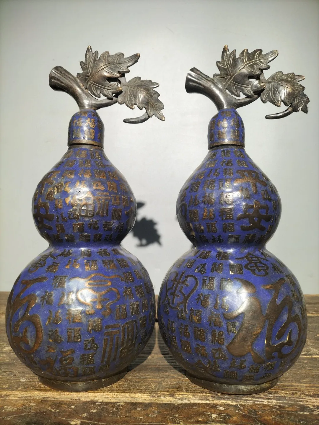 

11"Tibetan Temple Collection Old Bronze Cloisonne million Blessing handwriting Gourd A Pair Gather fortune Ornament Town House