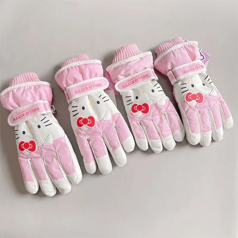 New Sanrio Hello Kitty anime cartoon innovative ski gloves winter warm and cute girls cinnamon plush cold and snow cotton gloves