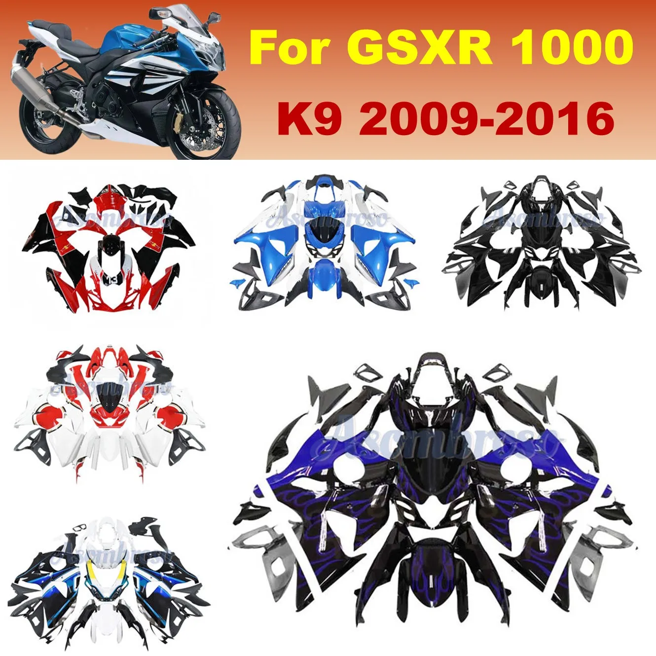 Motorcycle Injection Full Fairings for GSXR1000 2009-2016 GSX-R1000 2010 2012 2014 blue flame paint fairing kit